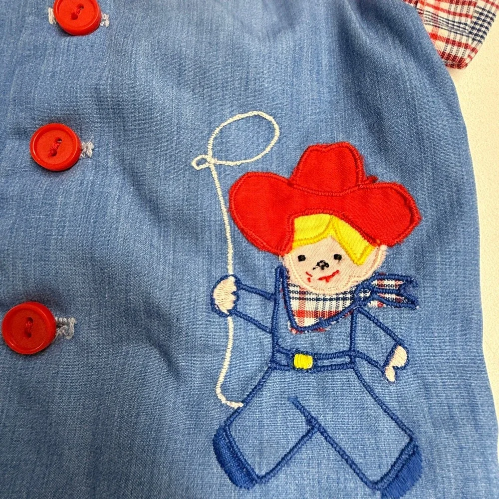Western Cowboy Shirt Kids 0-3M Blue Red Excellent Embroidered‎ Faux Vest